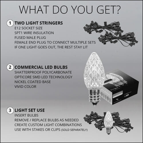 C7 Cool White Twinkle OptiCore Commercial LED Christmas Lights, Lights