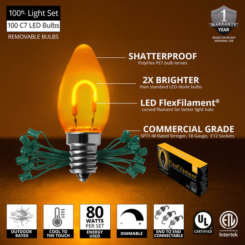 C7 Gold FlexFilament Shatterproof Vintage Commercial LED Christmas Lights, Lights