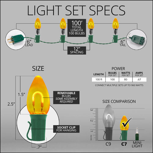 C7 Gold FlexFilament Shatterproof Vintage Commercial LED Christmas Lights, Lights