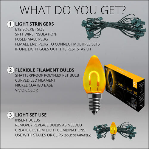 C7 Gold FlexFilament Shatterproof Vintage Commercial LED Christmas Lights, Lights