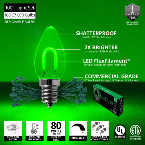 C7 Green FlexFilament Shatterproof Vintage Commercial LED Christmas Lights, Lights