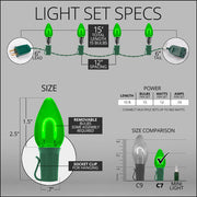 C7 Green FlexFilament Shatterproof Vintage Commercial LED Christmas Lights, Lights