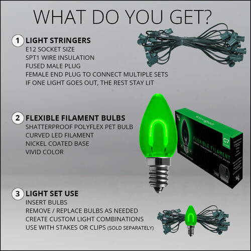 C7 Green FlexFilament Shatterproof Vintage Commercial LED Christmas Lights, Lights