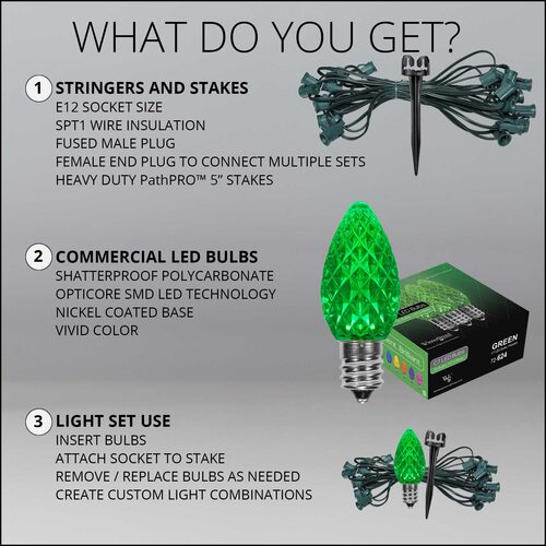 C7 Green OptiCore Christmas Pathway Lights, Lights, PathPRO TM Stakes