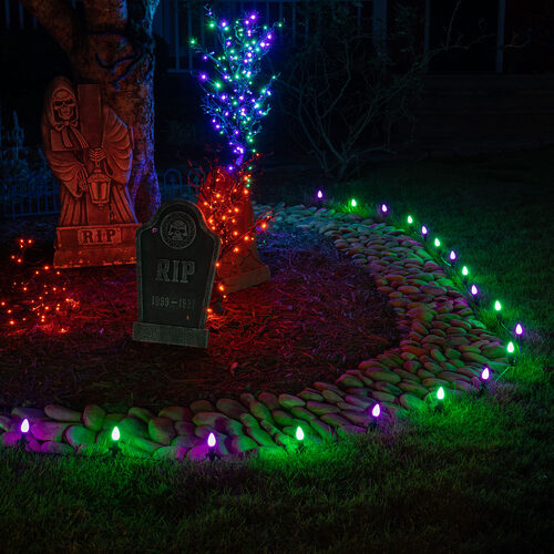 C7 Green / Purple Smooth OptiCore Halloween Pathway Lights, 50 Lights, 5 Inch PathPRO TM Stakes, 50'