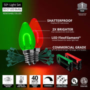 C7 Green / Red FlexFilament Shatterproof Vintage Commercial LED Christmas Lights, Lights