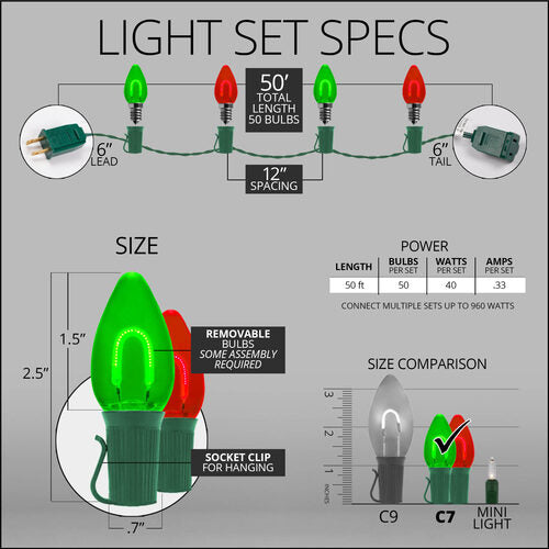 C7 Green / Red FlexFilament Shatterproof Vintage Commercial LED Christmas Lights, Lights