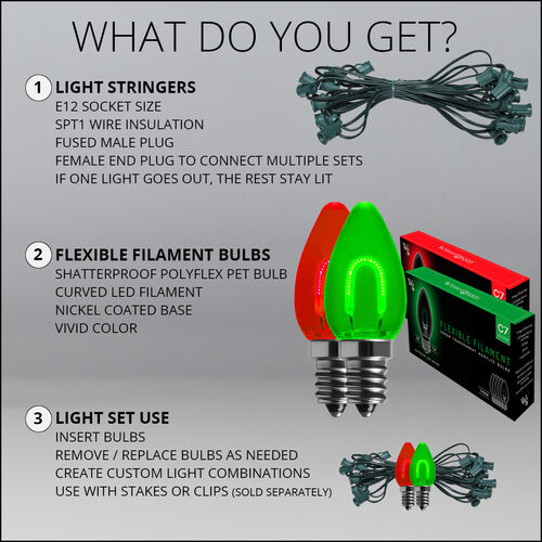 C7 Green / Red FlexFilament Shatterproof Vintage Commercial LED Christmas Lights, Lights