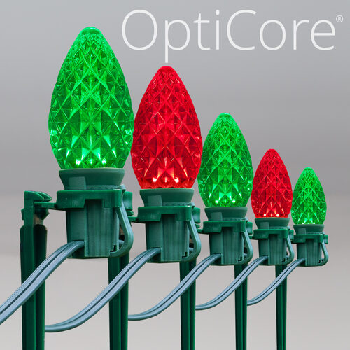 C7 Green / Red OptiCore Christmas LED Pathway Lights, 100 Lights, 7.5 Inch Stakes, 100'