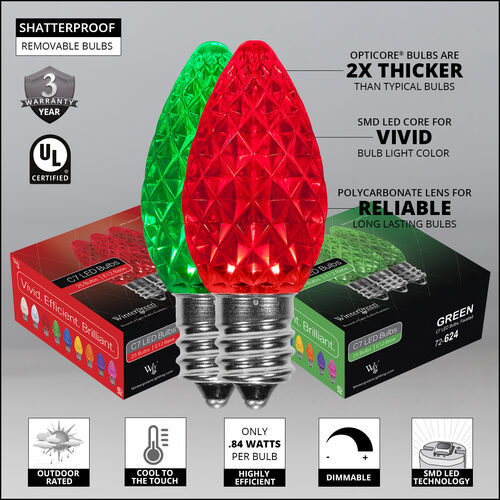C7 Green / Red OptiCore Christmas LED Pathway Lights, 100 Lights, 7.5 Inch Stakes, 100'