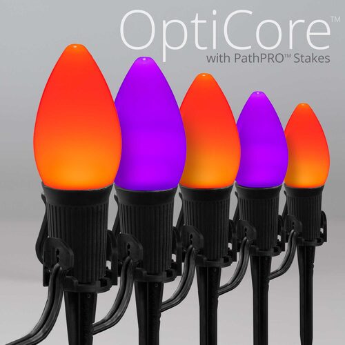 C7 Orange / Purple Smooth OptiCore Halloween Pathway Lights, 50 Lights, 5 Inch PathPRO TM Stakes, 50'