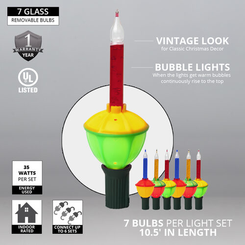 C7 Traditional Bubble Lights, 7-Light Set, Multicolored Lamps, Green Wire