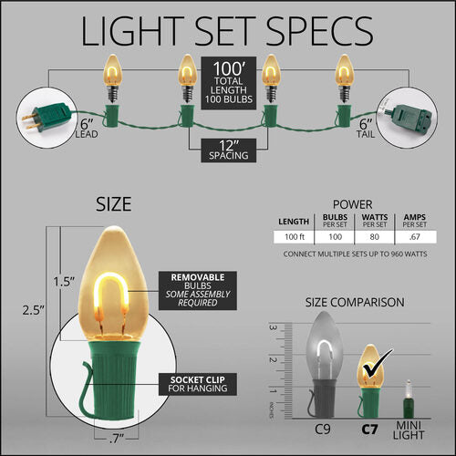 C7 Warm White FlexFilament Shatterproof Vintage Commercial LED Christmas Lights, Lights