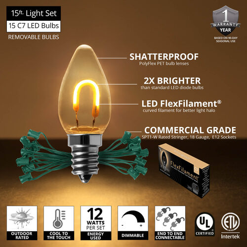 C7 Warm White FlexFilament Shatterproof Vintage Commercial LED Christmas Lights, Lights