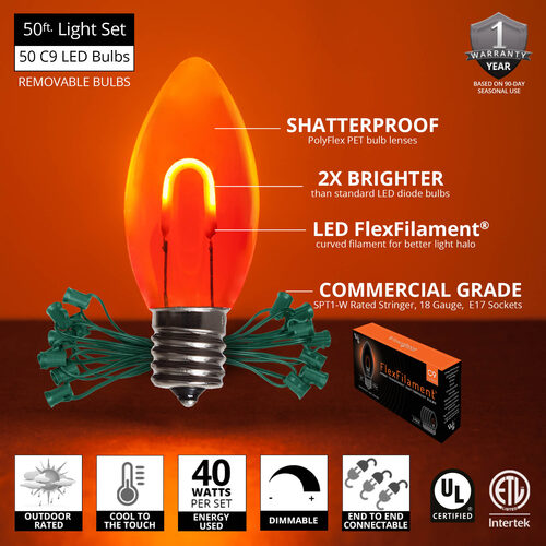 C9 Amber FlexFilament Shatterproof Vintage Commercial LED Christmas Lights, Lights