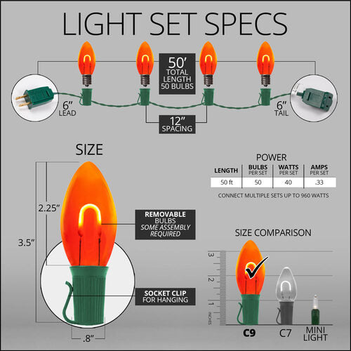 C9 Amber FlexFilament Shatterproof Vintage Commercial LED Christmas Lights, Lights