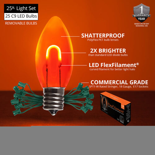 C9 Amber FlexFilament Shatterproof Vintage Commercial LED Christmas Lights, Lights