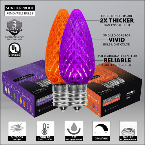 C9 Amber / Purple OptiCore Commercial LED Halloween Lights, 50 Lights, 50'