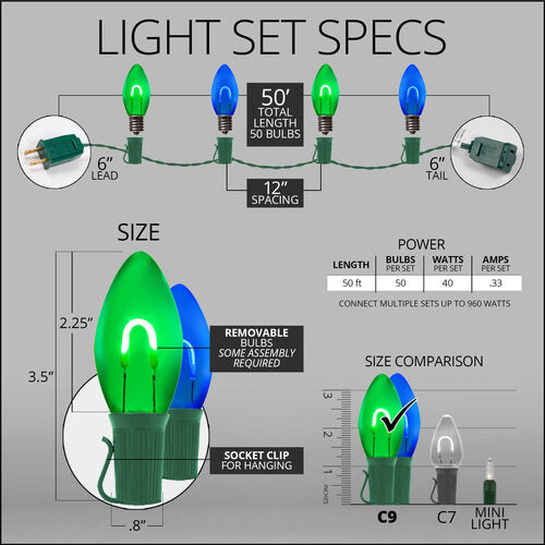 C9 Blue / Green FlexFilament Shatterproof Vintage Commercial LED Christmas Lights, Lights