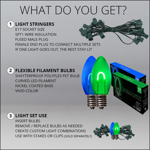 C9 Blue / Green FlexFilament Shatterproof Vintage Commercial LED Christmas Lights, Lights
