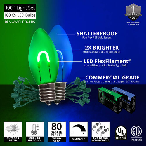 C9 Blue / Green FlexFilament Shatterproof Vintage Commercial LED Christmas Lights, Lights