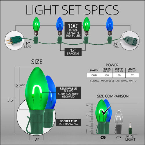 C9 Blue / Green FlexFilament Shatterproof Vintage Commercial LED Christmas Lights, Lights