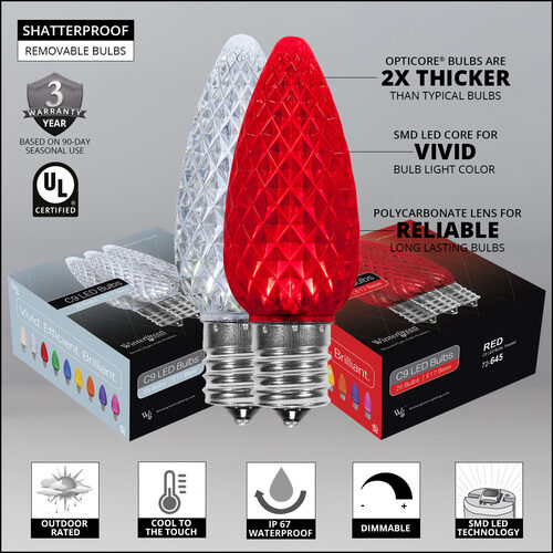 C9 Cool White / Red OptiCore Commercial LED Christmas Lights, Lights