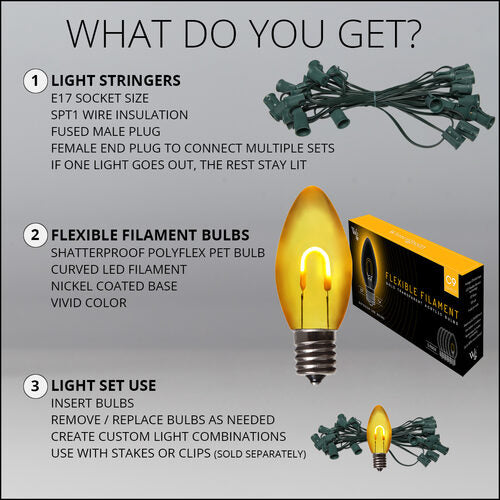 C9 Gold FlexFilament Shatterproof Vintage Commercial LED Christmas Lights, Lights