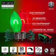 C9 Green / Red FlexFilament Shatterproof Vintage Commercial LED Christmas Lights, Lights