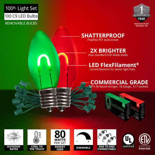 C9 Green / Red FlexFilament Shatterproof Vintage Commercial LED Christmas Lights, Lights