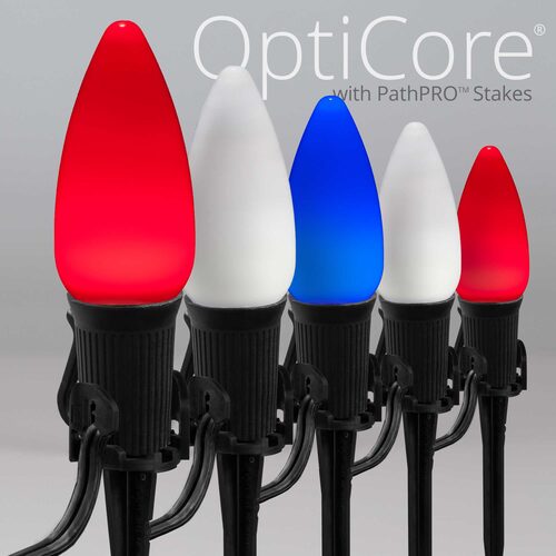 C9 Red / White / Blue Smooth OptiCore Patriotic Pathway Lights, 75 Lights, 5 Inch PathPRO TM Stakes, 75'