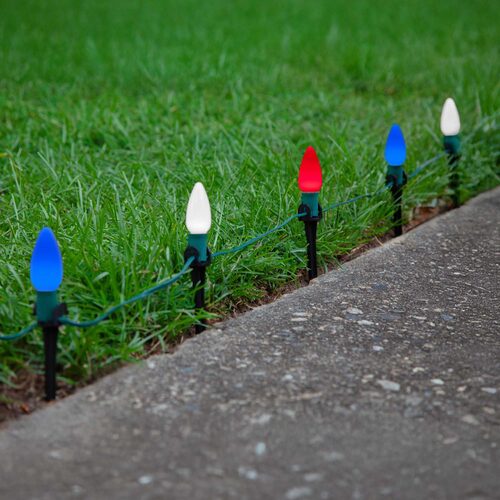 C9 Red / White / Blue Smooth OptiCore Patriotic Pathway Lights, 75 Lights, 5 Inch PathPRO TM Stakes, 75'