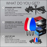 C9 Red / White / Blue Smooth OptiCore Patriotic Pathway Lights, 75 Lights, 5 Inch PathPRO TM Stakes, 75'