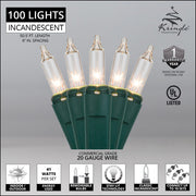 Commercial 100 Clear Mini Lights, Lamp Lock, Green Wire, 6" Spacing