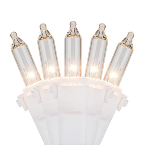 Commercial 100 Clear Mini Lights, Lamp Lock, White Wire, 6" Spacing