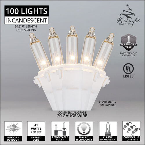 Commercial 100 Clear Mini Lights, Lamp Lock, White Wire, 6" Spacing