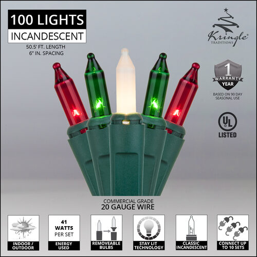 Commercial 100 Red, Green, White Frost Mini Lights, Lamp Lock, Green Wire, 6" Spacing