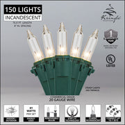 Commercial 150 Clear Mini Lights, Lamp Lock, Green Wire, 6" Spacing