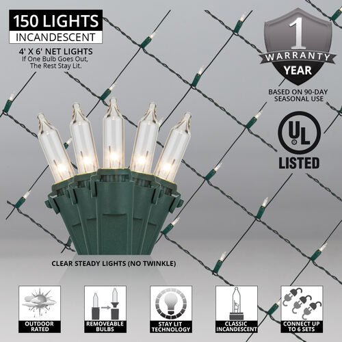 Commercial 4' 6' Mini Clear Mini Christmas Net Lights, 150 Lights on Green Wire