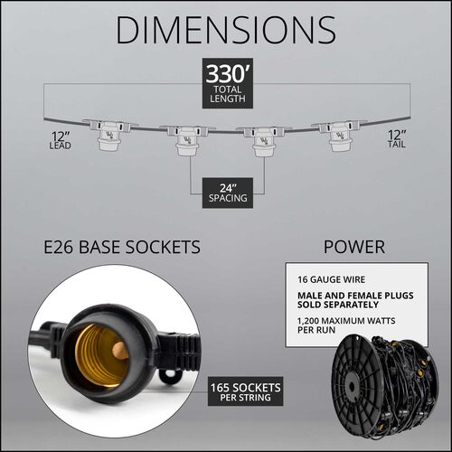 E26 - Medium Light Patio Stringer, Length, 10 Amp SJTW Black Wire