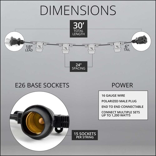 E26 - Medium Light Patio Stringer, Length, 10 Amp SJTW Black Wire