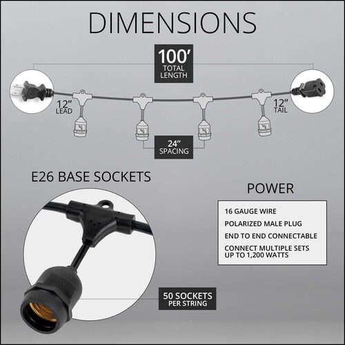 E26 - Medium Light Patio Stringer with Drops, Length, 10 Amp SJTW Black Wire