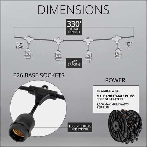 E26 - Medium Light Patio Stringer with Drops, Length, 10 Amp SJTW Black Wire