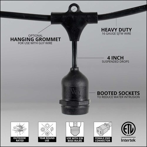 E26 - Medium Light Patio Stringer with Drops, Length, 10 Amp SJTW Black Wire