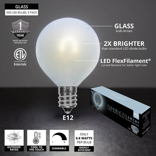 G50 Satin Glass Cool White FlexFilament Globe Light LED Edison Bulbs, E12 - Candelabra Base