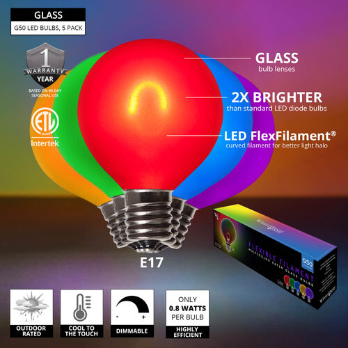 G50 Satin Glass Multicolor FlexFilament Globe Light LED Edison Bulbs, E17 - Intermediate Base