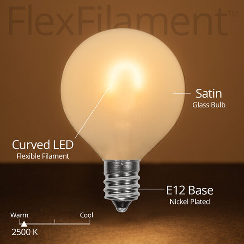 G50 Satin Glass Warm White FlexFilament Globe Light LED Edison Bulbs, E12 - Candelabra Base