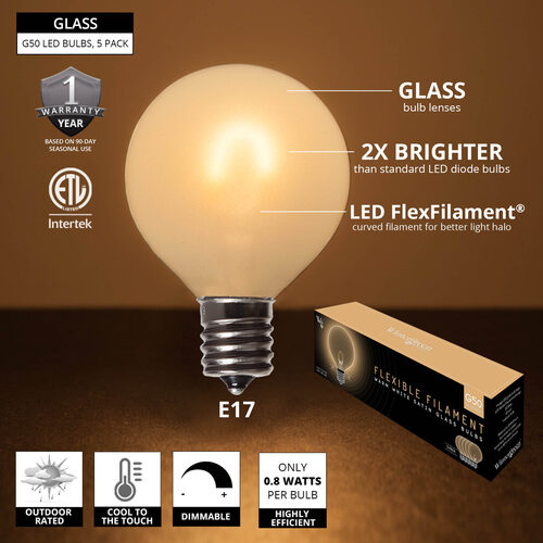 G50 Satin Glass Warm White FlexFilament Globe Light LED Edison Bulbs, E17 - Intermediate Base