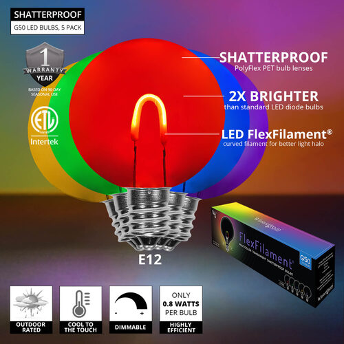 G50 Shatterproof Multicolor FlexFilament TM Globe Light LED Edison Bulbs, E12 Base