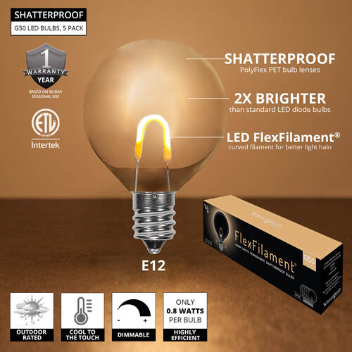 G50 Shatterproof Warm White FlexFilament TM Globe Light LED Edison Bulbs, E12 Base